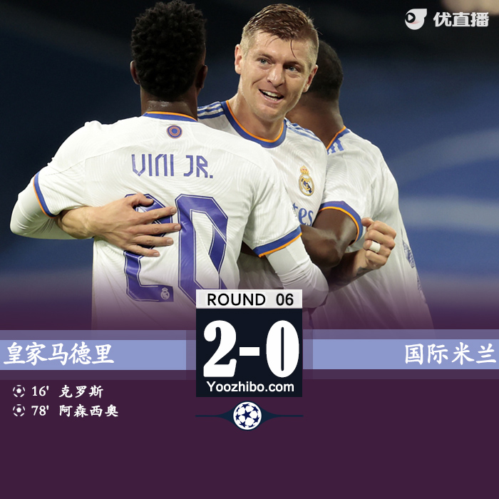 皇马2-0国米 克罗斯阿森西奥世界波巴雷拉染红